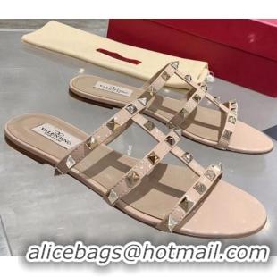 Grade Design Valentino Rockstud Patent Leather Flat Slide Sandal 061548 Apricot