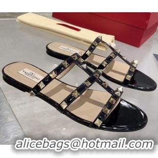 Cute Valentino Rockstud Patent Leather Flat Slide Sandal 061548 Black