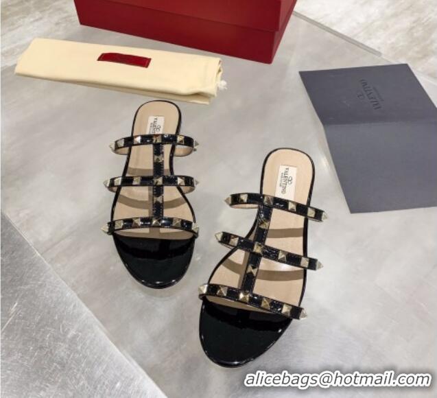 Cute Valentino Rockstud Patent Leather Flat Slide Sandal 061548 Black