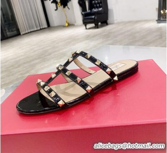 Cute Valentino Rockstud Patent Leather Flat Slide Sandal 061548 Black