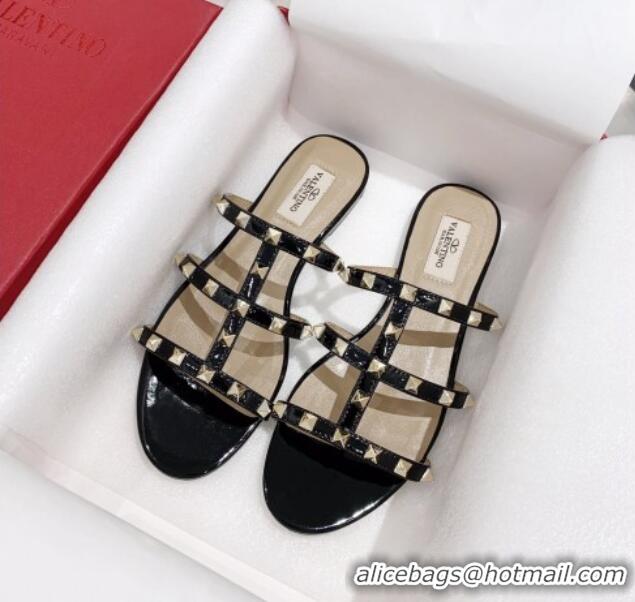 Cute Valentino Rockstud Patent Leather Flat Slide Sandal 061548 Black