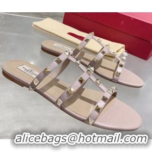 Affordable Price Valentino Rockstud Matte Calfskin Flat Slide Sandal 061555 Dusty Pink 2021