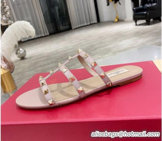 Affordable Price Valentino Rockstud Matte Calfskin Flat Slide Sandal 061555 Dusty Pink 2021