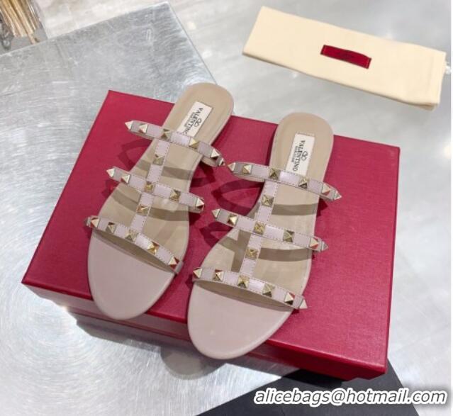 Affordable Price Valentino Rockstud Matte Calfskin Flat Slide Sandal 061555 Dusty Pink 2021