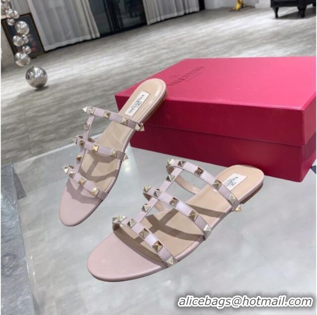 Affordable Price Valentino Rockstud Matte Calfskin Flat Slide Sandal 061555 Dusty Pink 2021