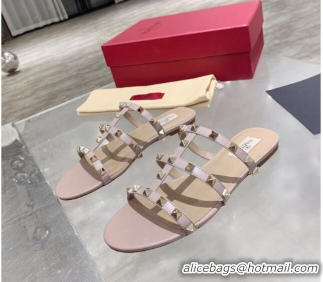 Affordable Price Valentino Rockstud Matte Calfskin Flat Slide Sandal 061555 Dusty Pink 2021