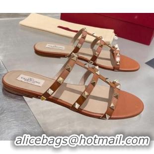 Most Popular Valentino Rockstud Calfskin Flat Slide Sandal 061557 Brown