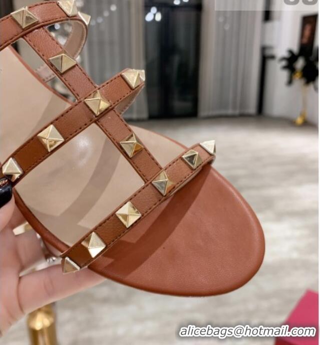 Most Popular Valentino Rockstud Calfskin Flat Slide Sandal 061557 Brown