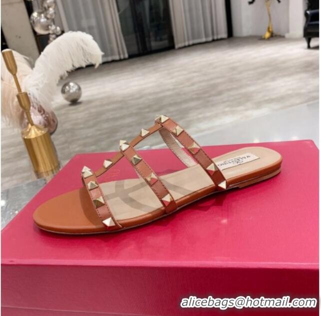 Most Popular Valentino Rockstud Calfskin Flat Slide Sandal 061557 Brown