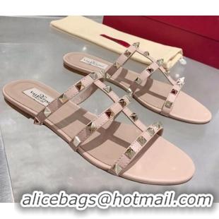 New Stylish Valentino Rockstud Calfskin Flat Slide Sandal 061557 Nude Pink/Gold