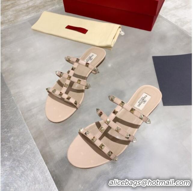 New Stylish Valentino Rockstud Calfskin Flat Slide Sandal 061557 Nude Pink/Gold