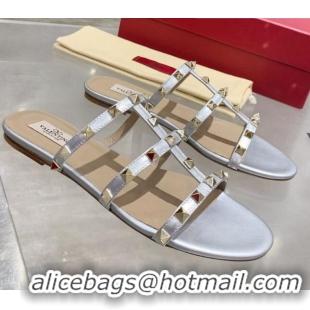 High Quality Valentino Rockstud Calfskin Flat Slide Sandal 061557 Silver 