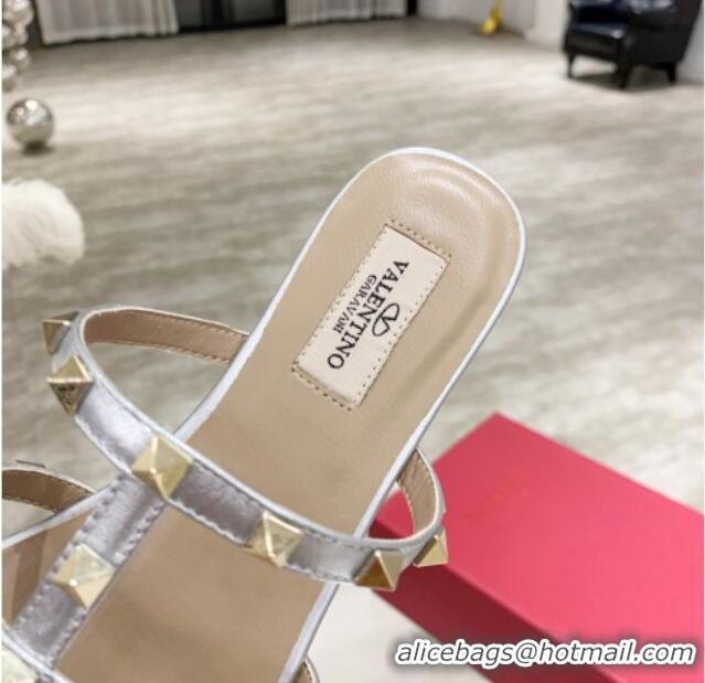 High Quality Valentino Rockstud Calfskin Flat Slide Sandal 061557 Silver 