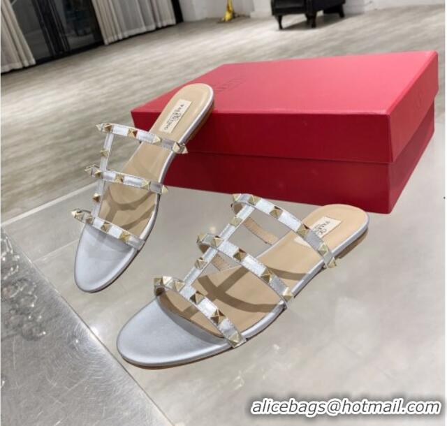 High Quality Valentino Rockstud Calfskin Flat Slide Sandal 061557 Silver 