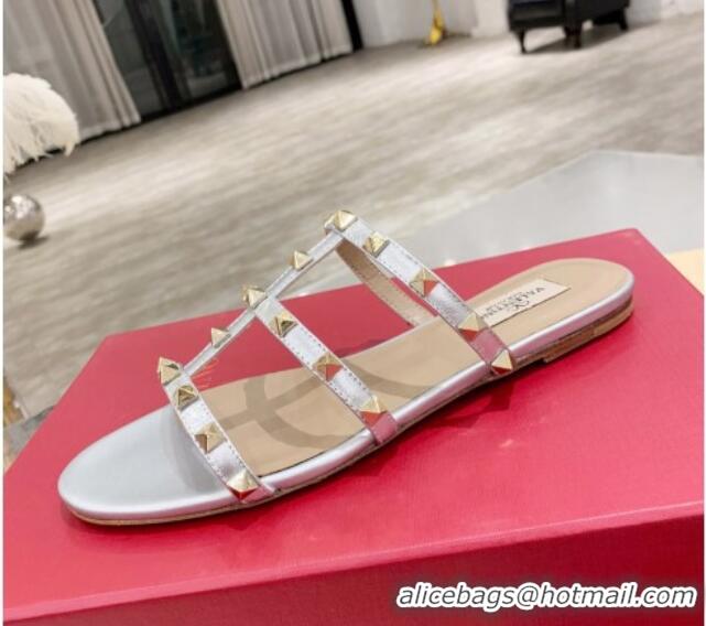 High Quality Valentino Rockstud Calfskin Flat Slide Sandal 061557 Silver 