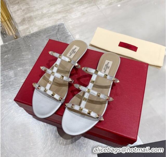 High Quality Valentino Rockstud Calfskin Flat Slide Sandal 061557 Silver 