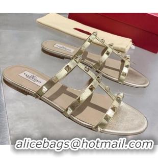 Best Price Valentino Rockstud Calfskin Flat Slide Sandal 061557 Gold