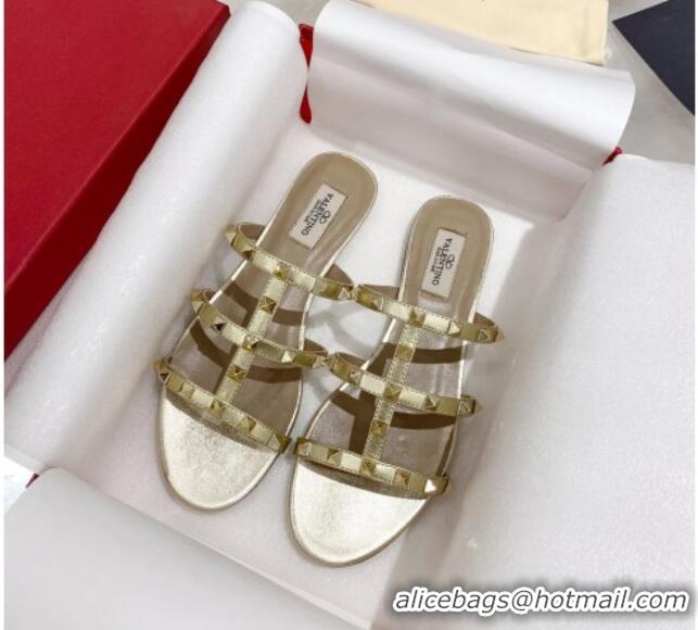 Best Price Valentino Rockstud Calfskin Flat Slide Sandal 061557 Gold