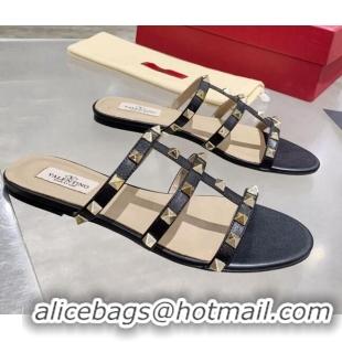 Top Quality Valentino Rockstud Calfskin Flat Slide Sandal 061561 Black 2021