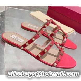 Best Quality Valentino Rockstud Calfskin Flat Slide Sandal 061561 Red 2021