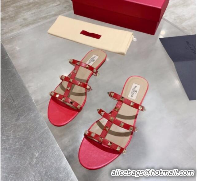 Best Quality Valentino Rockstud Calfskin Flat Slide Sandal 061561 Red 2021