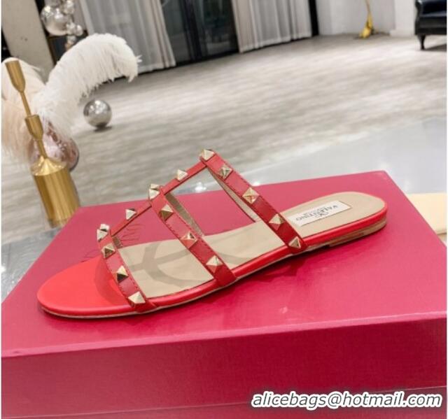 Best Quality Valentino Rockstud Calfskin Flat Slide Sandal 061561 Red 2021