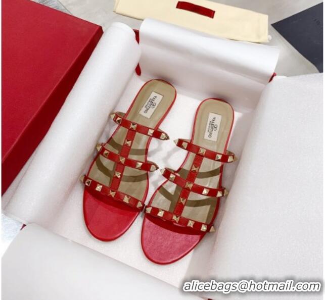 Best Quality Valentino Rockstud Calfskin Flat Slide Sandal 061561 Red 2021