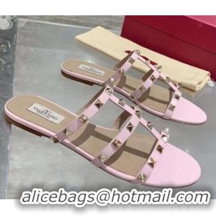 Luxury Hot Valentino Rockstud Calfskin Flat Slide Sandal 061561 Light Pink 2021