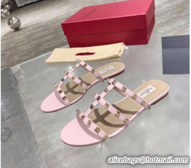 Luxury Hot Valentino Rockstud Calfskin Flat Slide Sandal 061561 Light Pink 2021