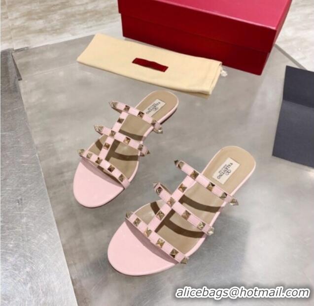 Luxury Hot Valentino Rockstud Calfskin Flat Slide Sandal 061561 Light Pink 2021