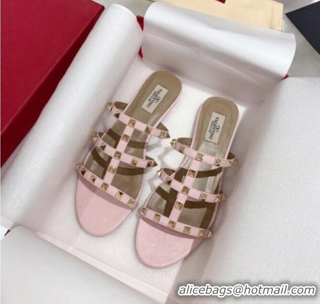 Luxury Hot Valentino Rockstud Calfskin Flat Slide Sandal 061561 Light Pink 2021