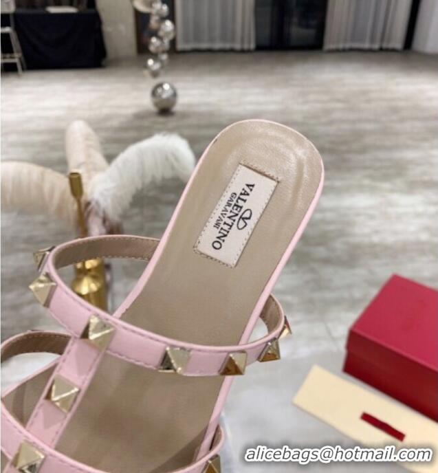 Luxury Hot Valentino Rockstud Calfskin Flat Slide Sandal 061561 Light Pink 2021