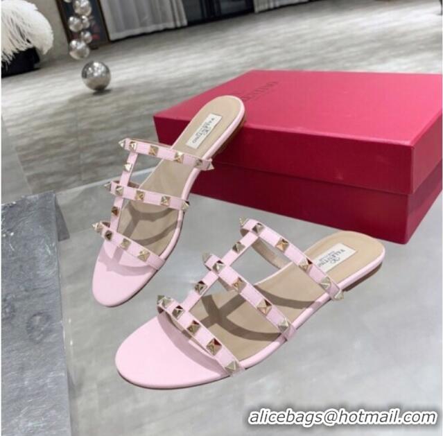 Luxury Hot Valentino Rockstud Calfskin Flat Slide Sandal 061561 Light Pink 2021