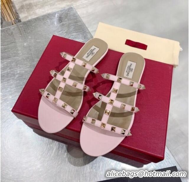 Luxury Hot Valentino Rockstud Calfskin Flat Slide Sandal 061561 Light Pink 2021