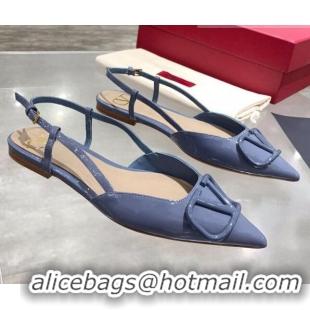 Good Taste Valentino VLogo One-Tone Patent Leather Slingback Ballet Flat 061565 Blue