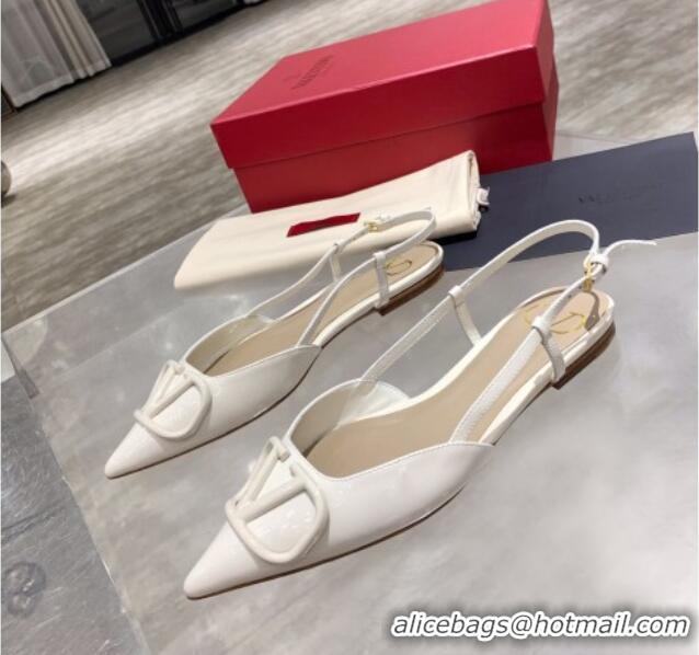 Top Quality Valentino VLogo One-Tone Patent Leather Slingback Ballet Flat 061565 White