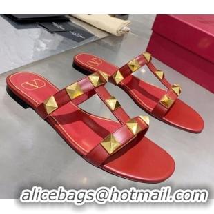 Unique Style Valentino Roman Stud Calfskin Flat Slide Sandals 061572 Red