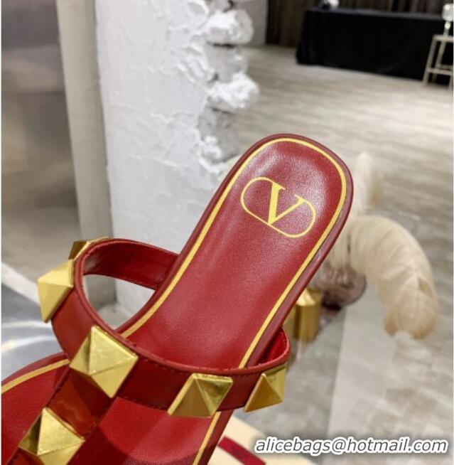 Unique Style Valentino Roman Stud Calfskin Flat Slide Sandals 061572 Red