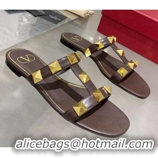 Super Quality Valentino Roman Stud Calfskin Flat Slide Sandals 061572 Brown