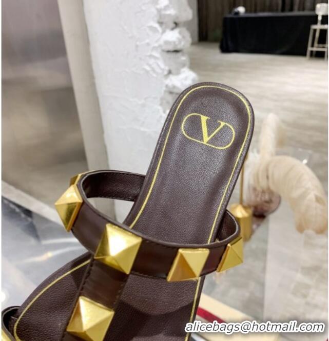 Super Quality Valentino Roman Stud Calfskin Flat Slide Sandals 061572 Brown