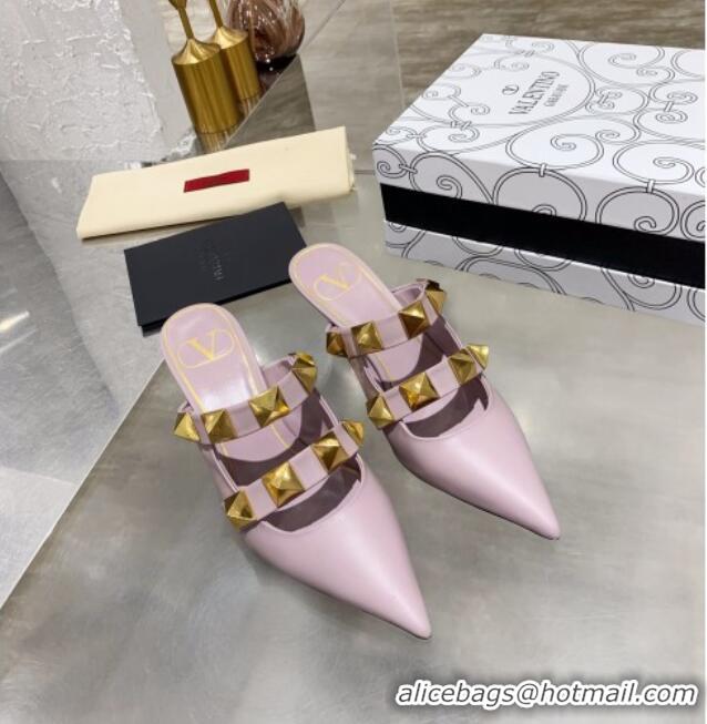 Charming Valentino Roman Stud Calfskin Heel Mules with Sculpted Strap 061580 Purple