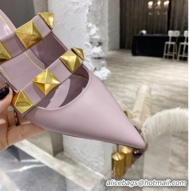 Charming Valentino Roman Stud Calfskin Heel Mules with Sculpted Strap 061580 Purple