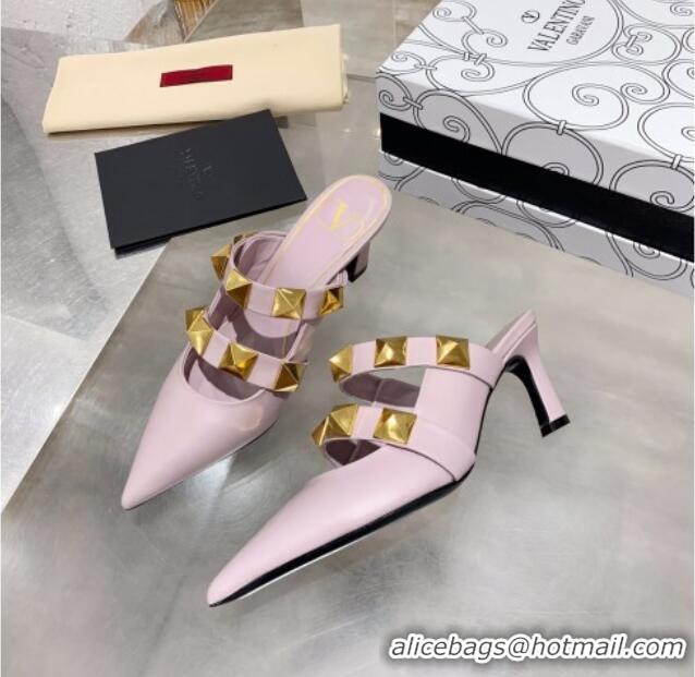 Charming Valentino Roman Stud Calfskin Heel Mules with Sculpted Strap 061580 Purple