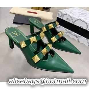 Low Cost Valentino Roman Stud Calfskin Heel Mules with Sculpted Strap 061580 Green