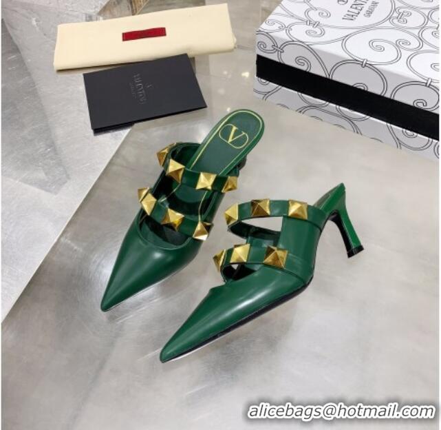 Low Cost Valentino Roman Stud Calfskin Heel Mules with Sculpted Strap 061580 Green