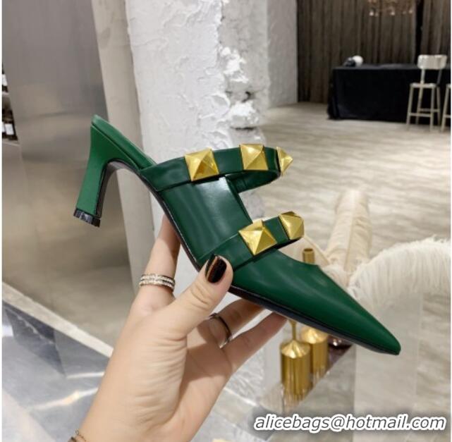 Low Cost Valentino Roman Stud Calfskin Heel Mules with Sculpted Strap 061580 Green