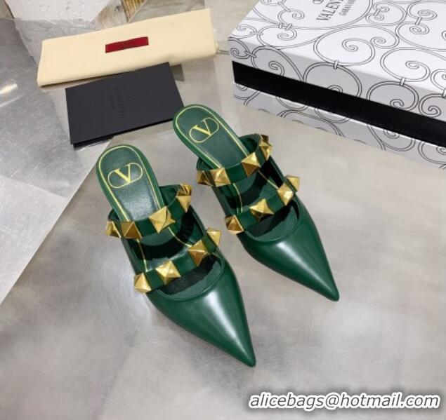 Low Cost Valentino Roman Stud Calfskin Heel Mules with Sculpted Strap 061580 Green