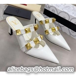 Low Price Valentino Roman Stud Calfskin Heel Mules with Sculpted Strap 061580 White