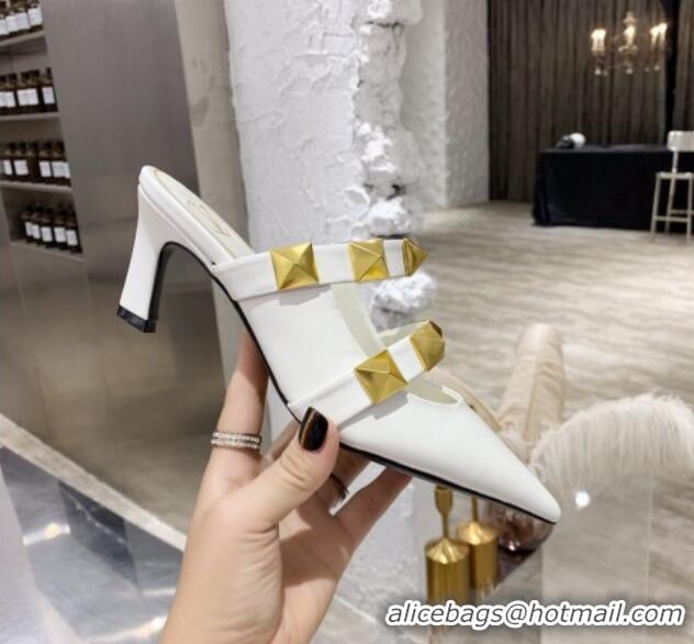 Low Price Valentino Roman Stud Calfskin Heel Mules with Sculpted Strap 061580 White