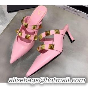 Best Quality Valentino Roman Stud Calfskin Heel Mules with Sculpted Strap 061580 Light Pink